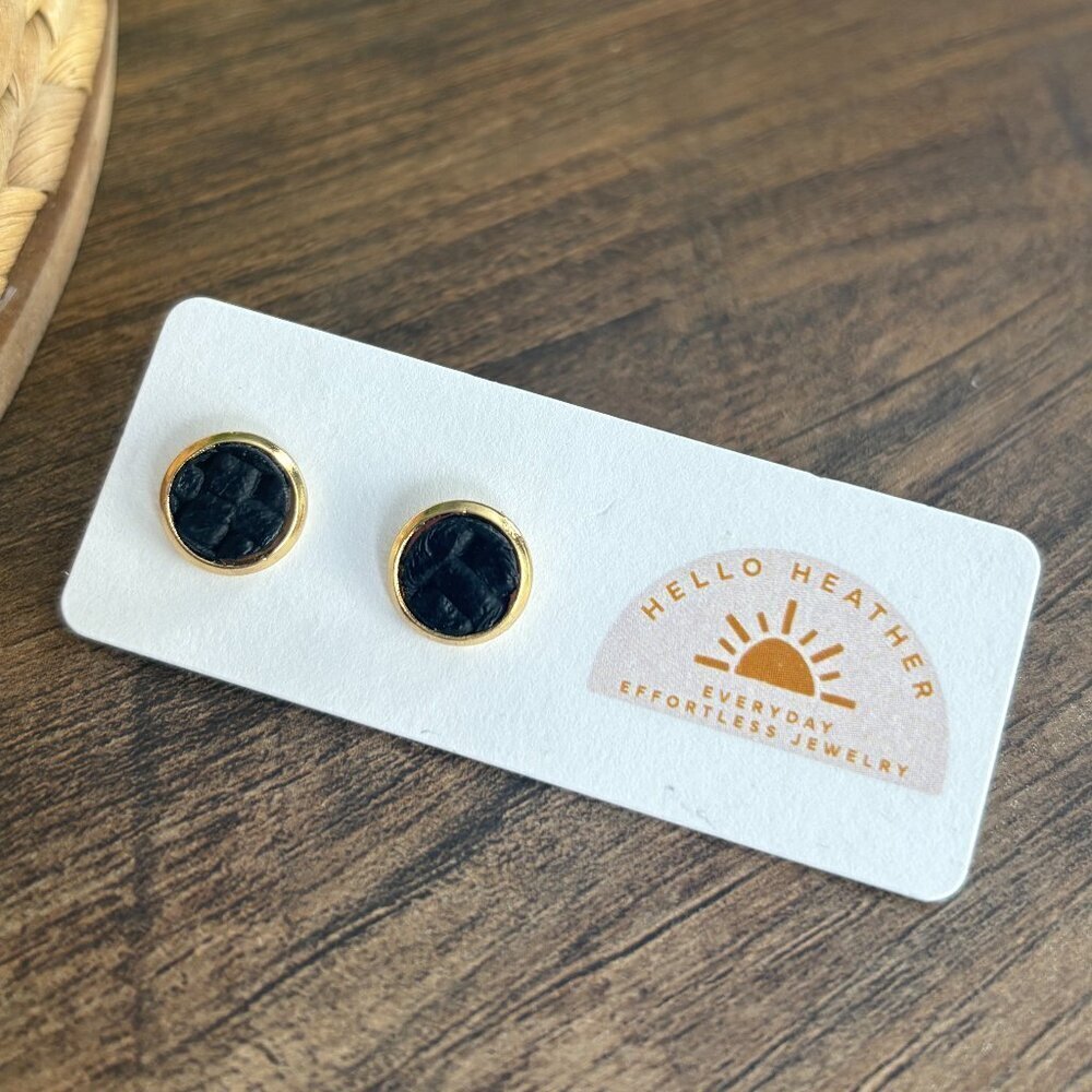 🆕 Black Leather on Gold Stud 10 MM Earrings